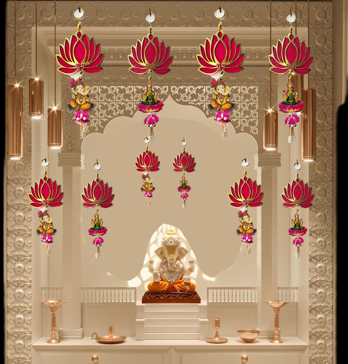 CraftVatika Diwali Decoration Items - Laxmi Ganesha Shubh Labh Lotus Latkan Toran for Home Wall Door Decoration, Diwali Deepawali Gifts (28.5 CM Height) (50 Pieces)