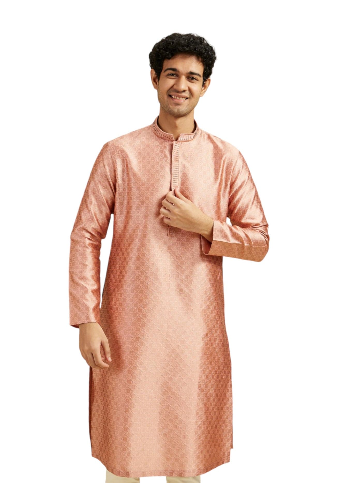 DIWAS BY MANYAVAR Men's Art Silk Jacquard Weave Kurta (Peach,L)