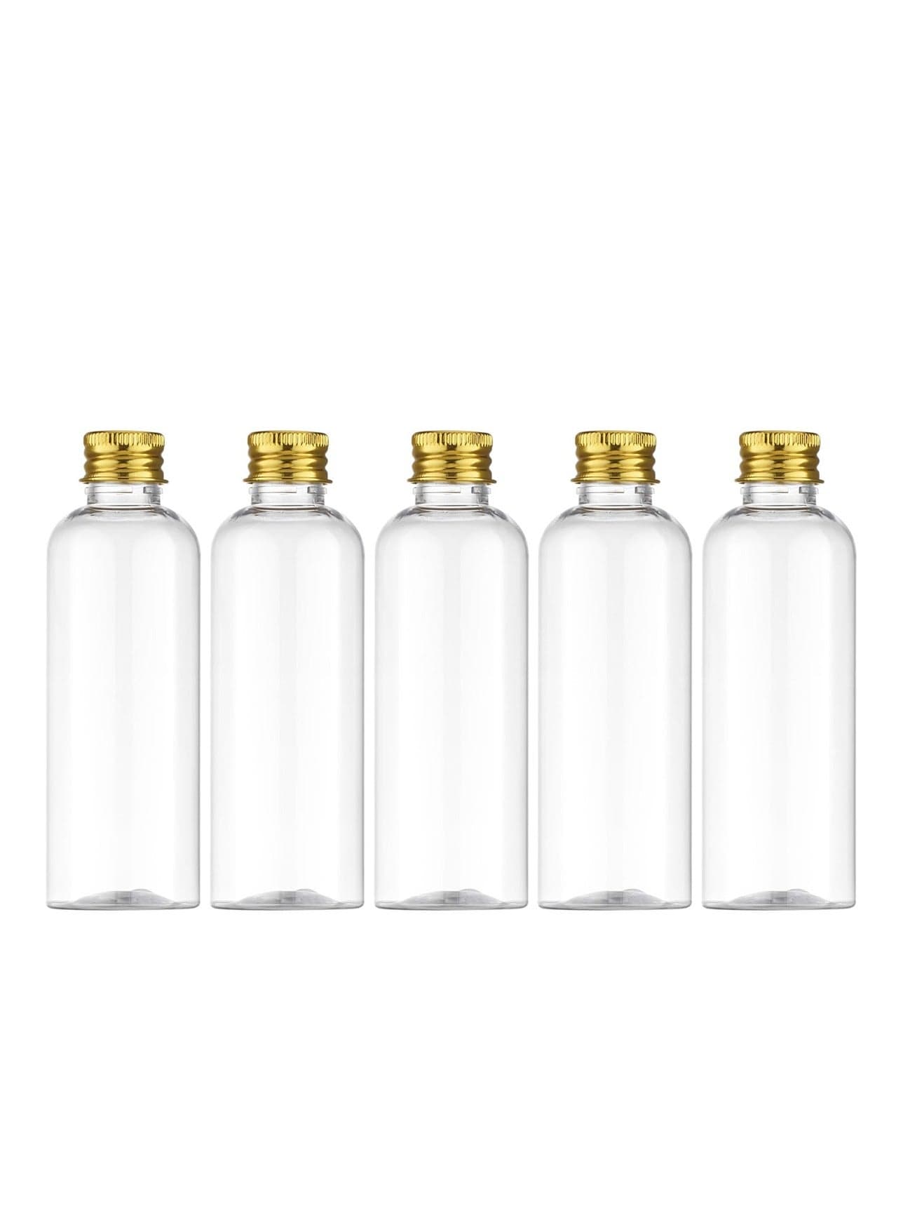 5 Pack 3.4 oz Travel Bottles, Leakproof Refillable Cosmetic Containers with Gold Aluminum Caps for Travel Essentials, Clear Plastic, 100ml