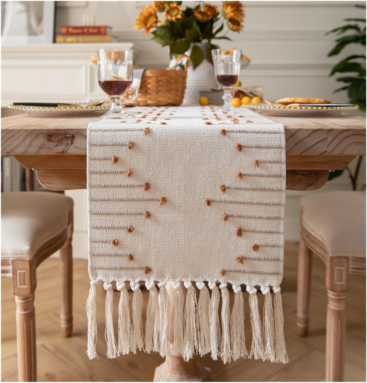 Boho Table Runner 13 x 108 Inch Long Natural Cotton Woven Runner with Tassels for Home Dining Table dcor for Modern Farmhouse Decor Coffee Table Runner Brown and Beige