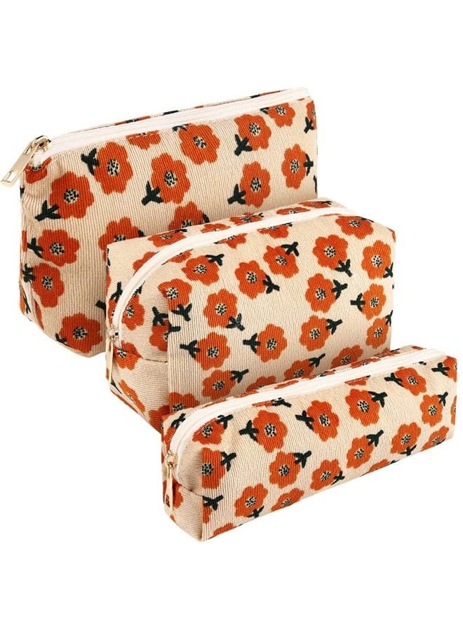 3 Pcs Floral Corduroy Makeup Bag Women Travel Toiletry Bag Cosmetic Bag Aesthetic Pouch Zipper Canvas Makeup Bags Set Makeup Organizer Storage Accessories (Assorted)