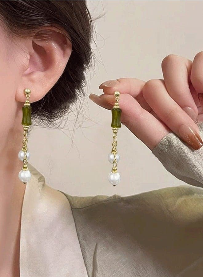 Elegant Gold Tone Bamboo Pearl Drop Earrings with Green Cylinder Charm Dainty Minimalist Jewelry Gift for Women/Girls, Party, Wedding, Daily Wear, Valentine's Gift