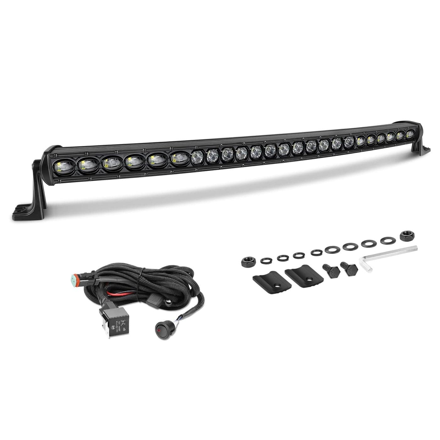 AKD Part 30 Inch Curved Light Bar 168W Slim Single Row LED Light Kit wWiring Harness Spot Flood Combo Offroad Driving Lights Curve LED Bar for Trucks Pickup SUV UTV RZR Chevy GMC F250