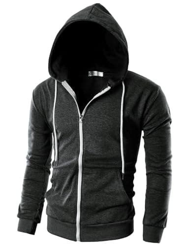 Ohoo Men's Zip Up Hoodie Lightweight Slim Fit Sweatshirt Full Zip Hooded Jacket / DCF002-CHARCOAL-M
