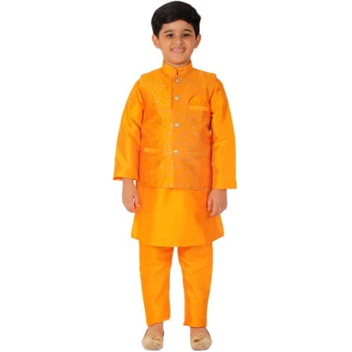 Pro-Ethic Style Developer Kurta Set Pajama For Kids Boys With Waistcoat | Silk | Floral | Traditional Dress | S-201 |Orange, 1-2 Years