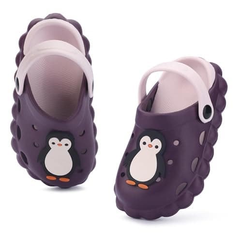GLJ Little AngelToddler Clogs Slippers, 12 Months to 3 Years, Baby Boy, Waterproof, Lightweight, Cute Cartoon Penguin Design (Purple, UK Footwear Size System, Toddler, Age, Wide, 12 Months)