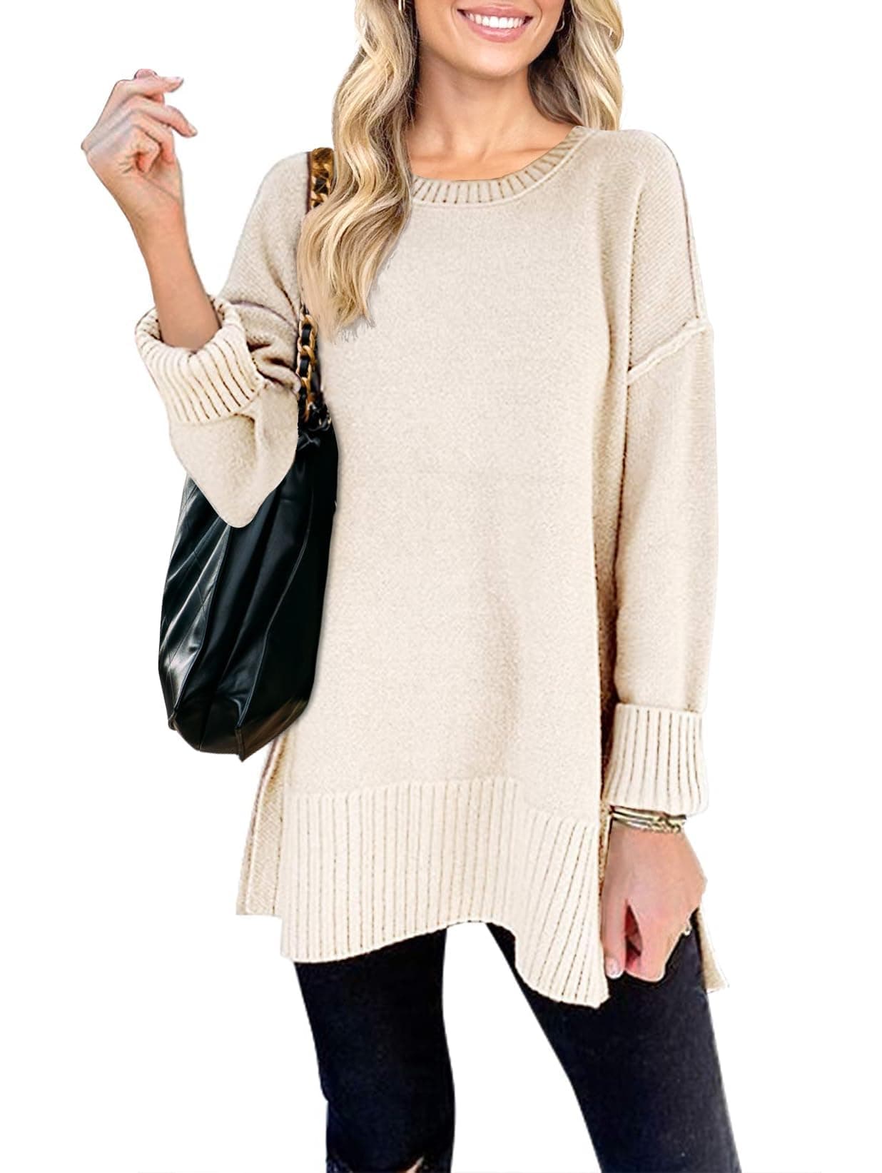 MEROKEETY Womens 2025 Fall Winter Oversized Pullover Sweater Casual Loose Crew Neck Long Sleeve Side Split Jumper TopsBeigeL