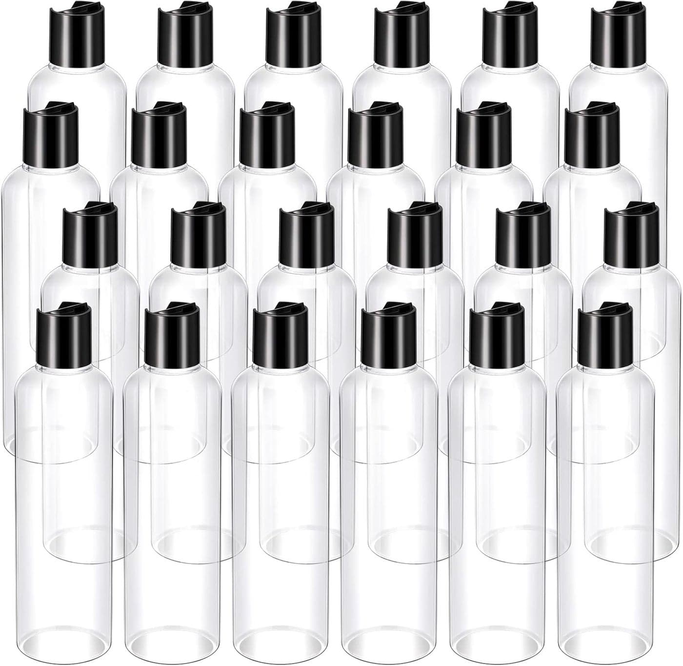 Nuenen 24 Pieces Plastic Empty Bottles Clear Squeeze Travel Containers with Black Disc Cap Refillable Shampoo Travel Bottles for Toiletries Lotion Container for Body Soap Cream(8 oz)