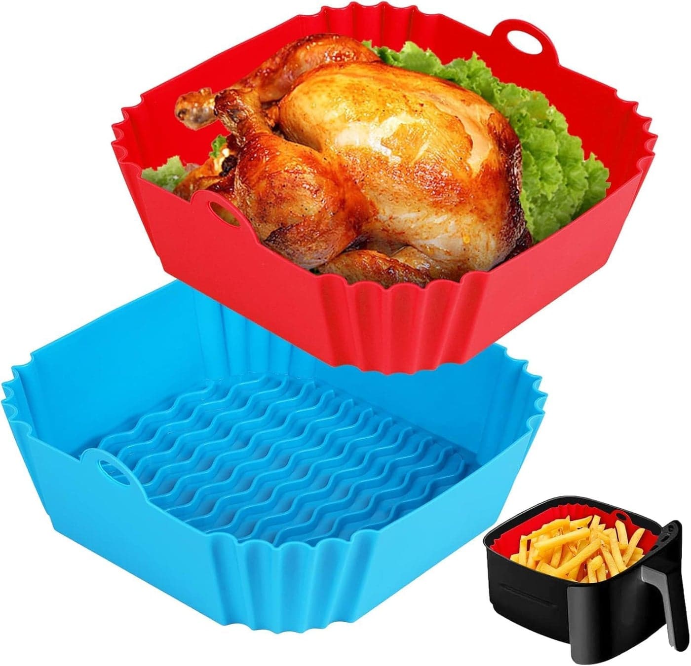 RUCON® Air Fryer Liners 2 PCS I Square Silicone Basket Baking Tray I Pot with Ear Handles I Nonstick Reusable Heat Resistant I Cooking Oven Insert Accessories - Multicolor (Square Liner, 8 INCH)