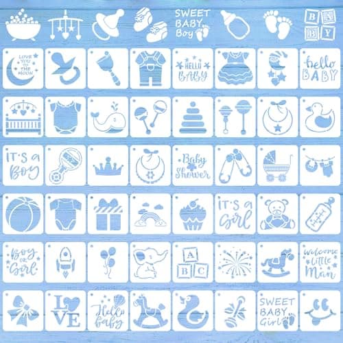 Augshy 56 Pieces Baby Shower Stencils for Painting, 3 Inch Cute Onesie Stencil Mixed Animals Pattern Painting Stencils, Reusable Baby Shower Cake for Bodysuit Shoes Bibs Clothes
