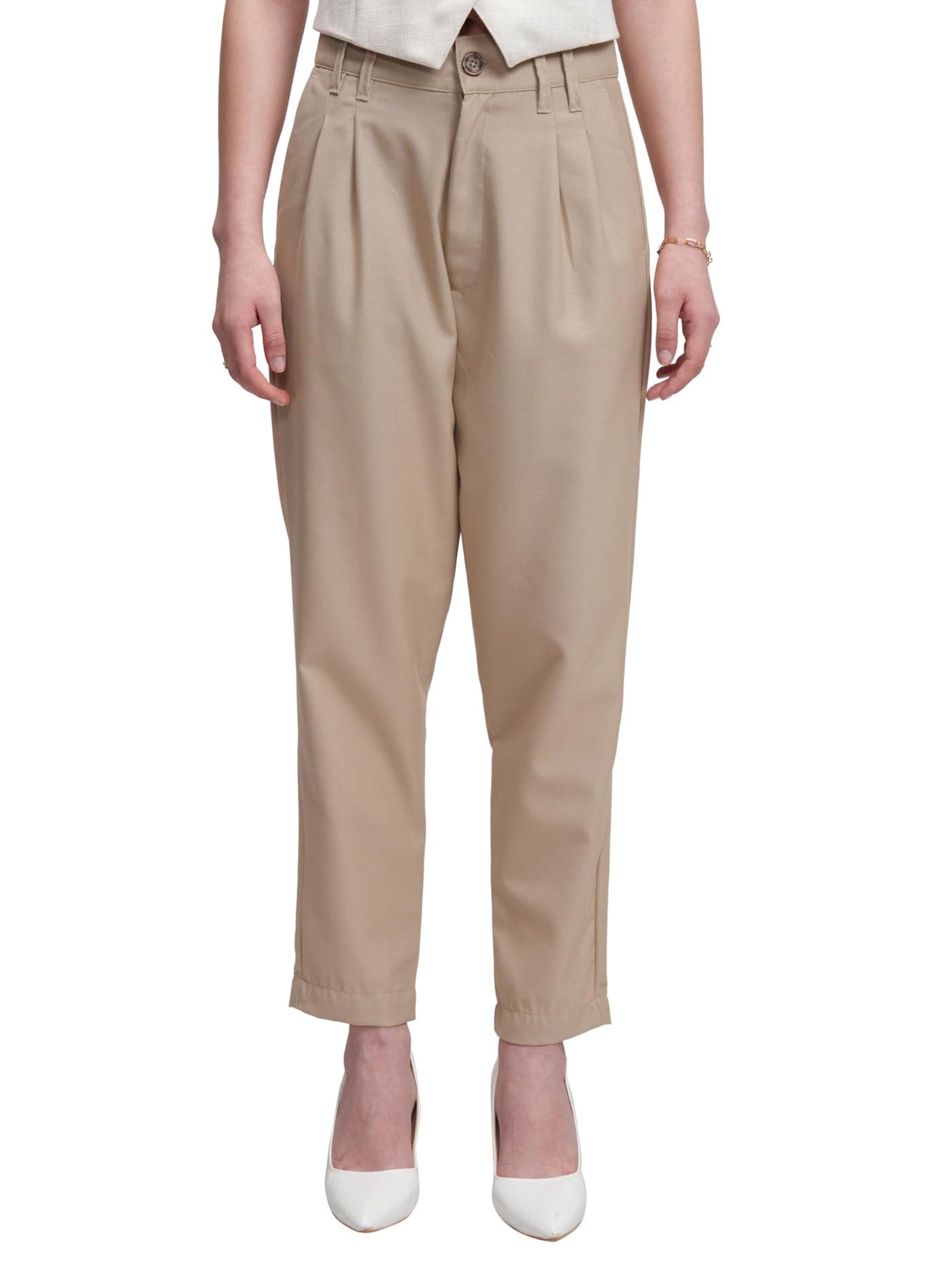Tokyo Talkies Women Mid Rise Tapered Pants (TTP0001003_Beige, Large