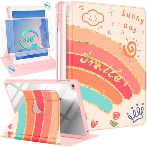 Kidcube for iPad 5th/6th Generation Case, for iPad Air 1st/2nd Gen, for iPad Pro 9.7 Inch Case for Women Girls Cute Folio Cover with Pencil Holder Rainbow Kawaii Girly Rotating Stand Cases 2018/2017