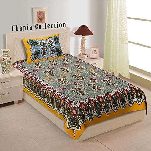 UBANIA COLLECTION-We believe in customers satisfaction ® 144 TC Comfort Cotton Rajasthani Traditional Floral Single Bed Bedsheet with 1 Pillow Cover (Yellow)