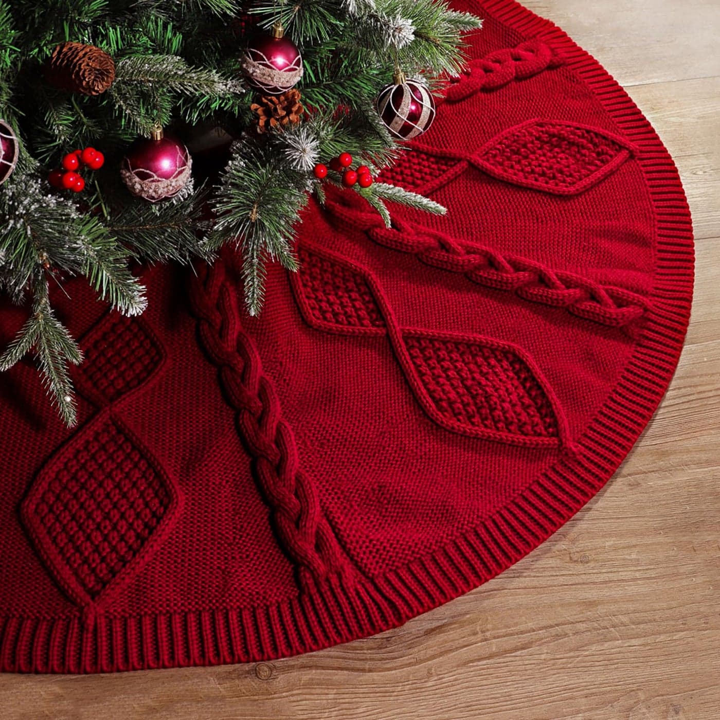 48 Inch Christmas Tree Skirt Diamond Braided Cable Knit Tree Skirt for 75FT Tree Wine Red Tree Skirt Vintage Tree Skirts Rustic Farmhouse Christmas Decorations