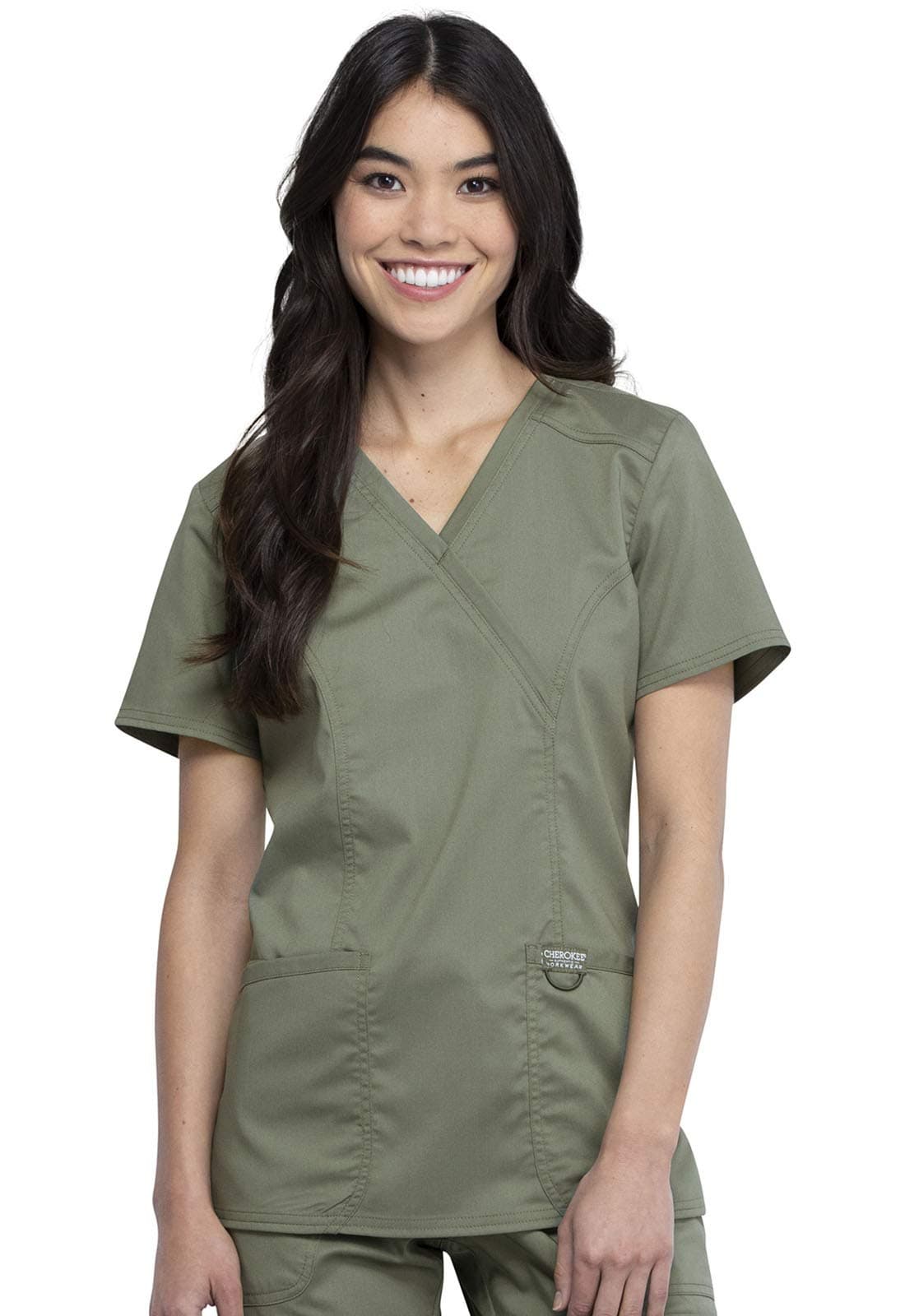 Cherokee Scrubs Top for Women Mock Wrap with 3 Pockets, Soft, 2-Way Stretch & Durable Fabric - WW610, XS, Olive
