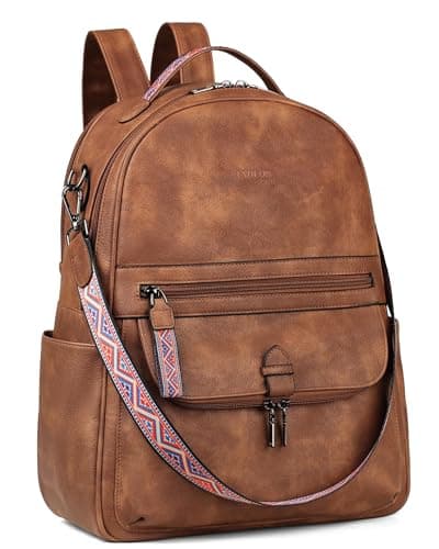 FADEON 15.6 inch Leather Laptop Backpack Purse for Women, Designer Travel PU Backpack with Laptop Compartment for Work Brown