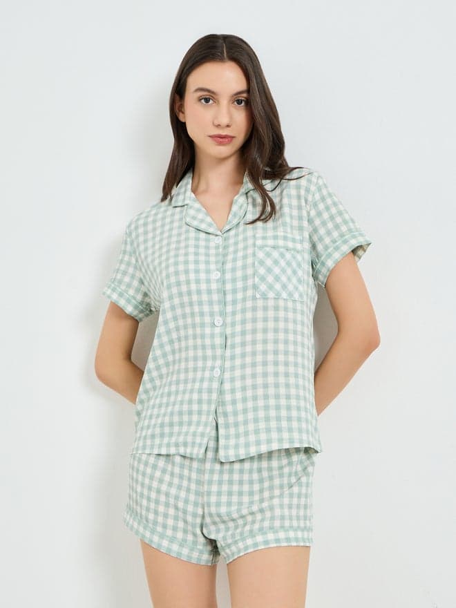 Styli Green Gingham Short Sleeve Shirt and Shorts Set