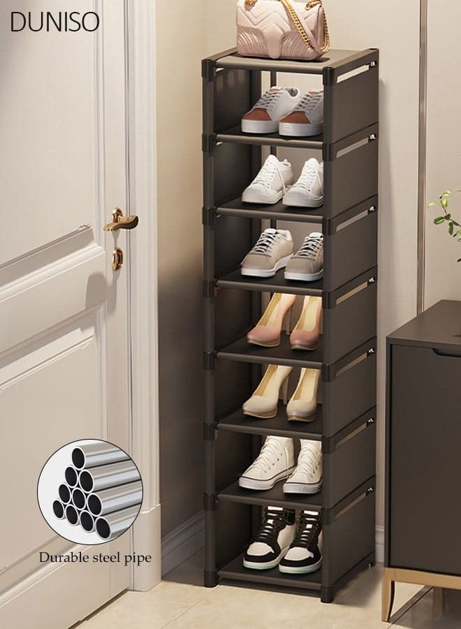8-Tier Narrow Shoe Rack, 124×27×26cm Slim Stackable Shoe Storage Organizer, Space-Saving Shoe Shelf for Entryway, Closet & Small Spaces, Dark Grey