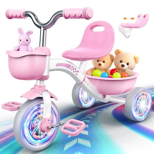 Kkdi Toddler Tricycle for 13 35 Year Olds 2 3 4 5 Year Old Girl Birthday Gifts Pink Toddler Baby Bike 4Level Adjustable Seat 3 Color Light Wheels 2 Baskets Outdoor Riding Toys for Ages 24