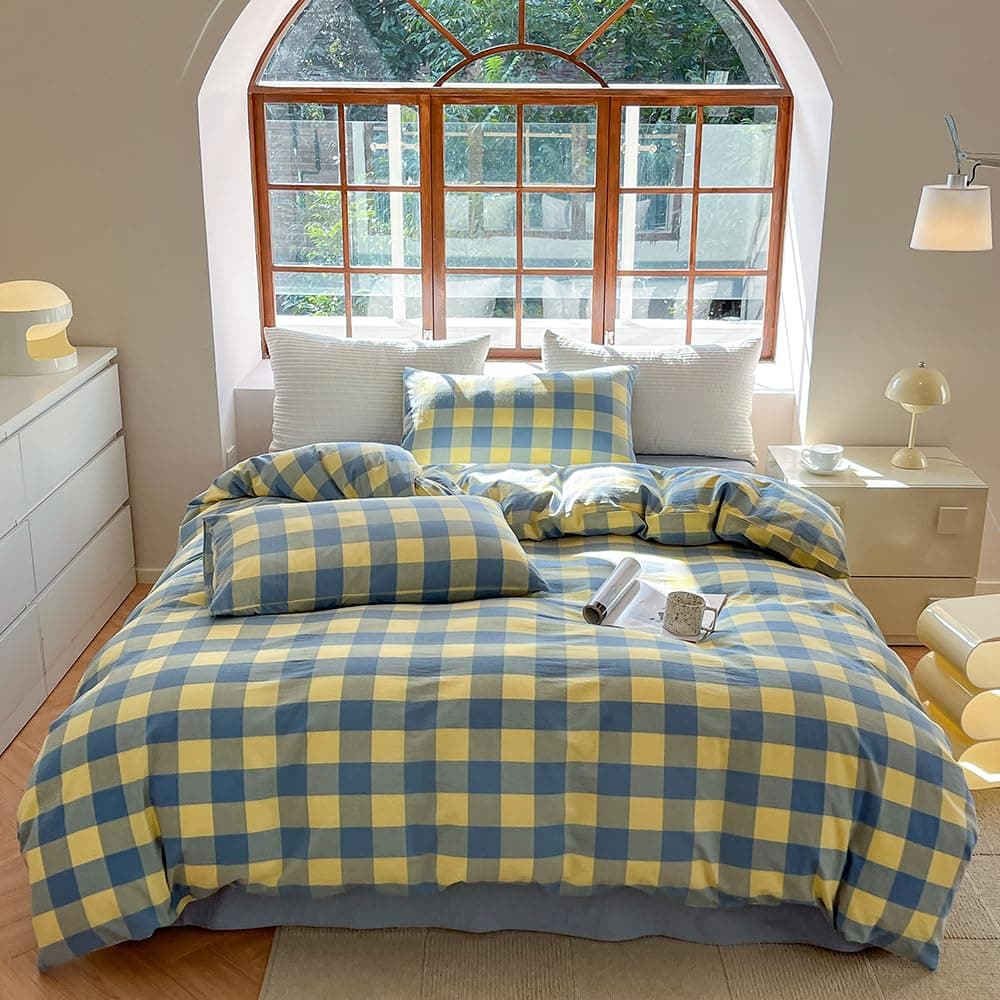FACE TWO FACE Bedding Duvet Cover Set 3 Pieces 100 Washed Cotton Duvet Cover Linen Like Textured Breathable Durable Soft Comfy Queen Purple Bean Paste
