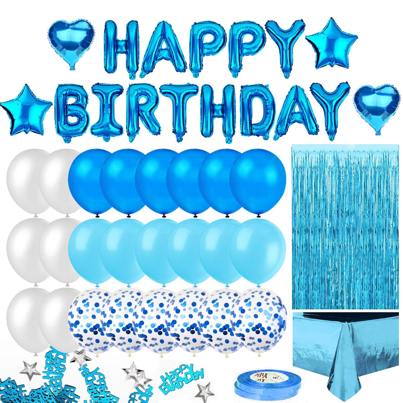 MOVINPE Blue Birthday Party Decoration Happy Birthday Banner SkyBlue Fringe Curtain Foil Tablecloth Heart Star Foil Confetti Balloons 10g Table Confetti for Girl Boy Kids Men Women Adults