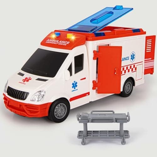 ArtCreativity Ambulance Toy Truck for Kids, Lights & Siren, Friction-Powered 1/16 Scale Rescue Toy Ambulance, Emergency Vehicle Ambulance Toys for Kids 3-8 with Removable Stretcher, Doors Open