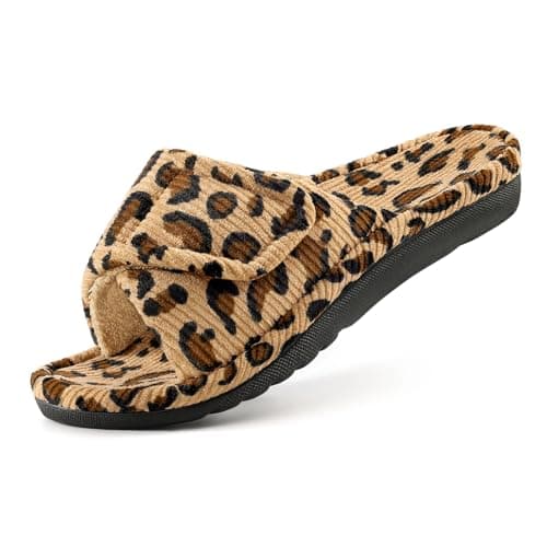 Litfun Orthopedic Slippers for Women Arch Support Indoor House Slippers Adjustable Open Toe Corduroy Bedroom Shoes with Memory Foam for Plantar Fasciitis Leopard 39