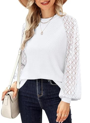 MIHOLL Women's Cute Tops Lace Long Sleeve Dressy Casual Business Work Blouse Shirts Fall Winter Waffle Knit Sweaters Trendy Fashion 2025(White,XX-Large)
