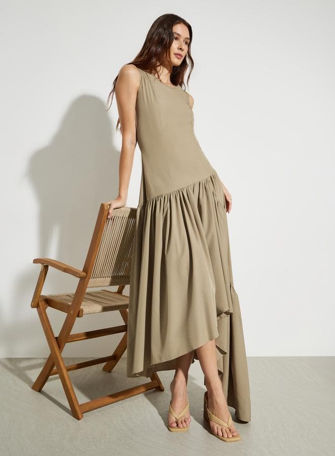 Khaki Asymmetric Hem Sleeveless Maxi Dress