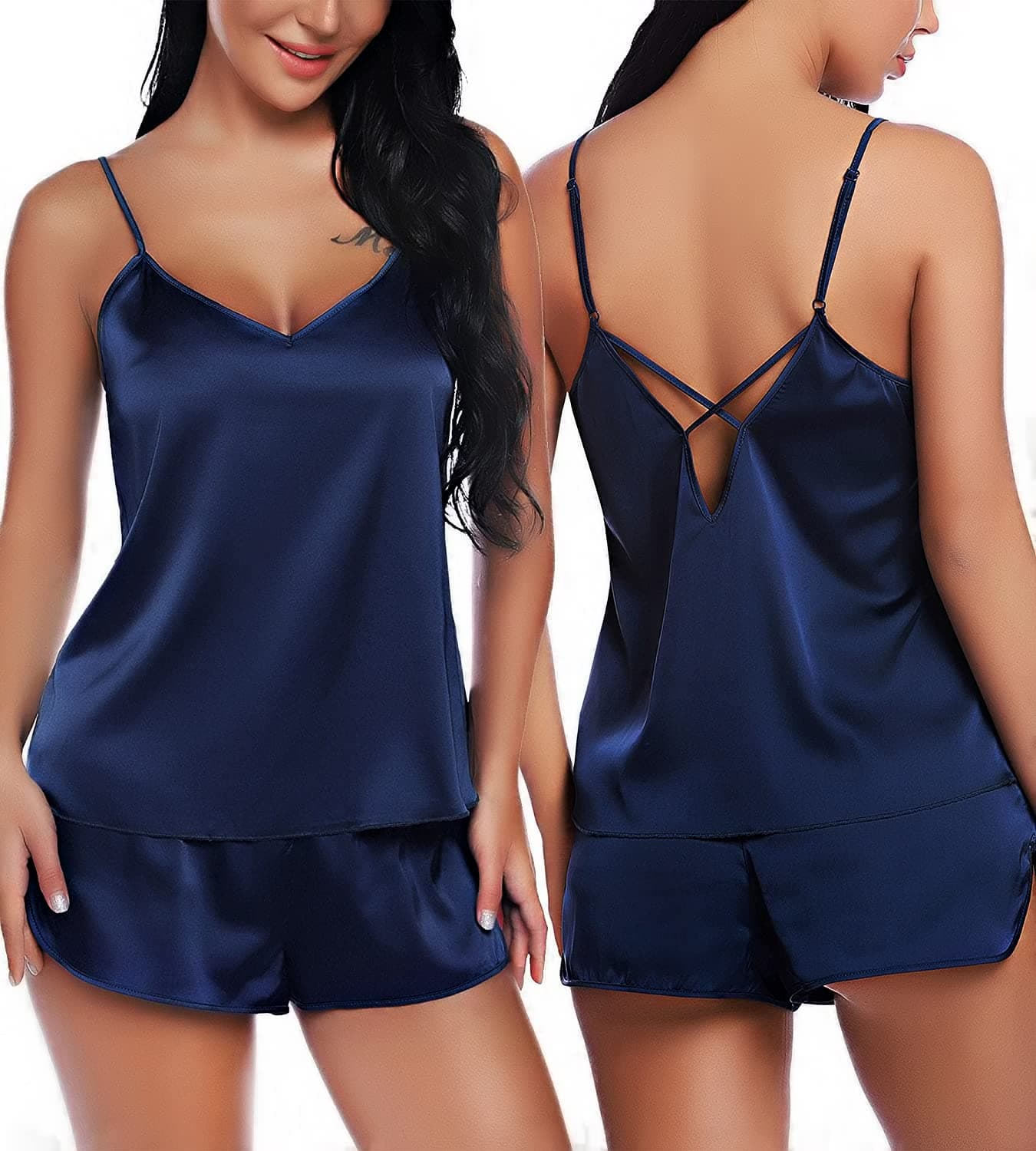RSLOVE Women's Satin Pajamas Sexy Lingerie Sleepwear Cami Shorts Set Two-piece Pj Sets Blue L