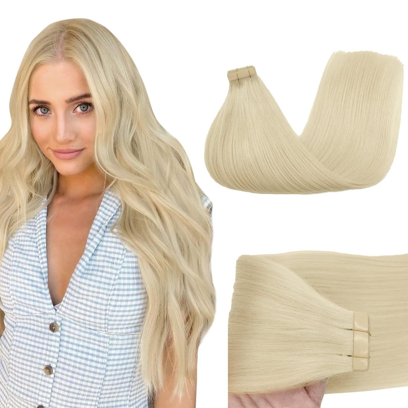 GOO GOO Tape in Hair Extensions Human Hair 60A Platinum Blonde 20inch 50g 20pcs Skin Weft Seamless Invisible Silky Straight with Thick Ends Remy Human Hair