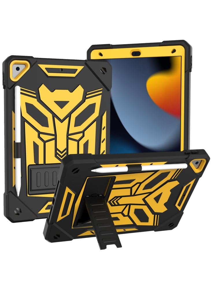 Kickstand Tablet Case for iPad 10.2 (2019)/(2020)/(2021)/iPad Air 10.5 inch (2019),Silicone+PC Rugged Shockproof Cover with Pencil Holder - Black+Yellow