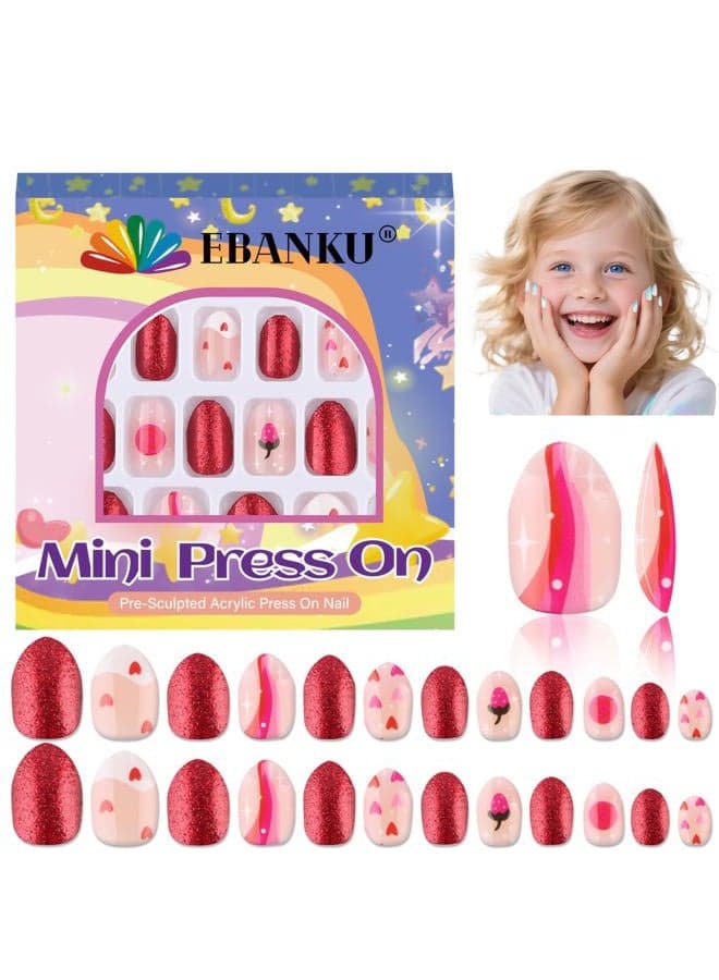 26 Pieces Kid Fake Nail Kit, Almond Press on Nails for Kids Lovely Heart Press on Nail Short Artificial False Nail Kits for Kids Girls