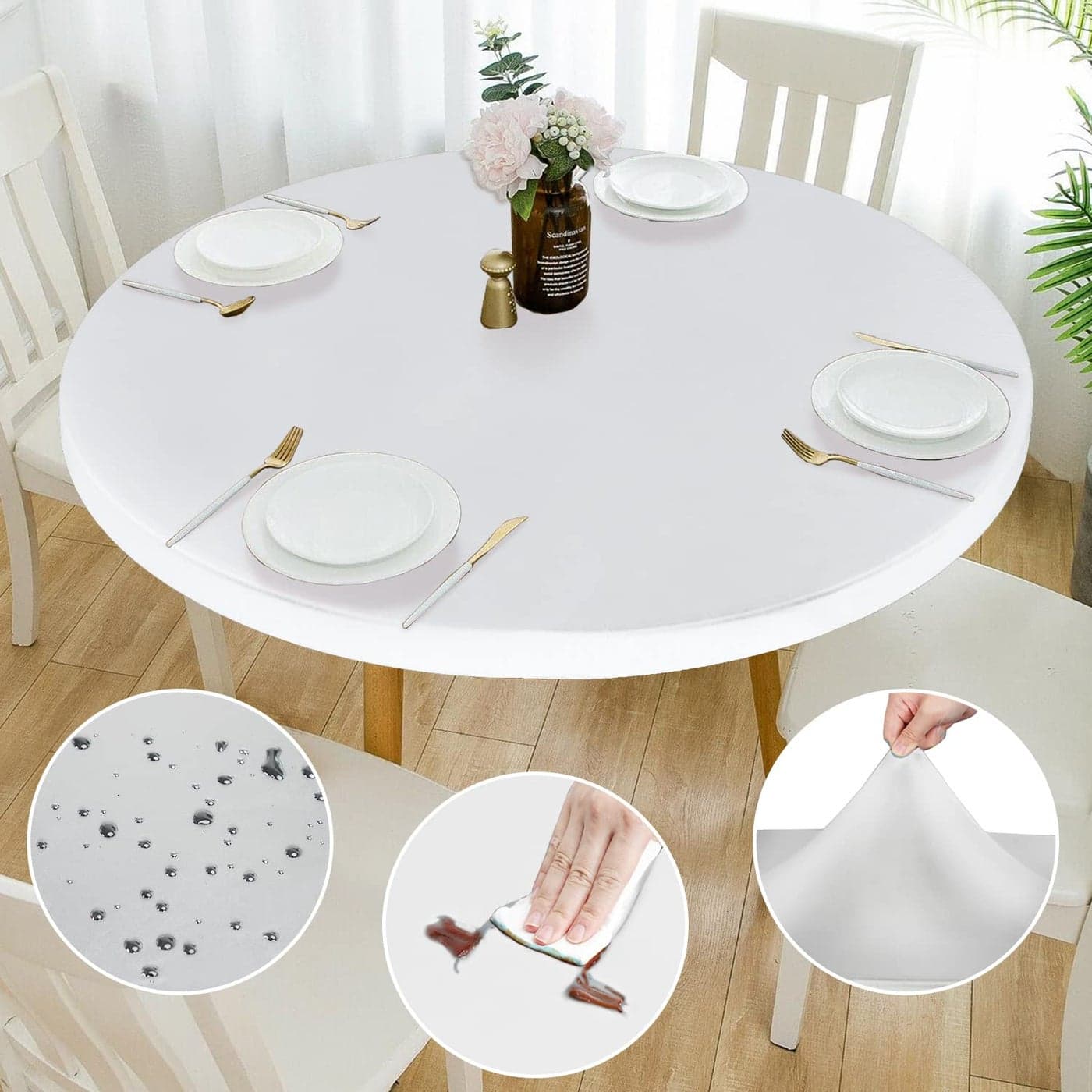 Rinpon Double Fitted Design PU Round Fitted Tablecloth AntiTear Wipeable Elastic Round Tablecloth SoftTouch Fitted Table Cloth Waterproof OilProof Table Cover White 4548 Round