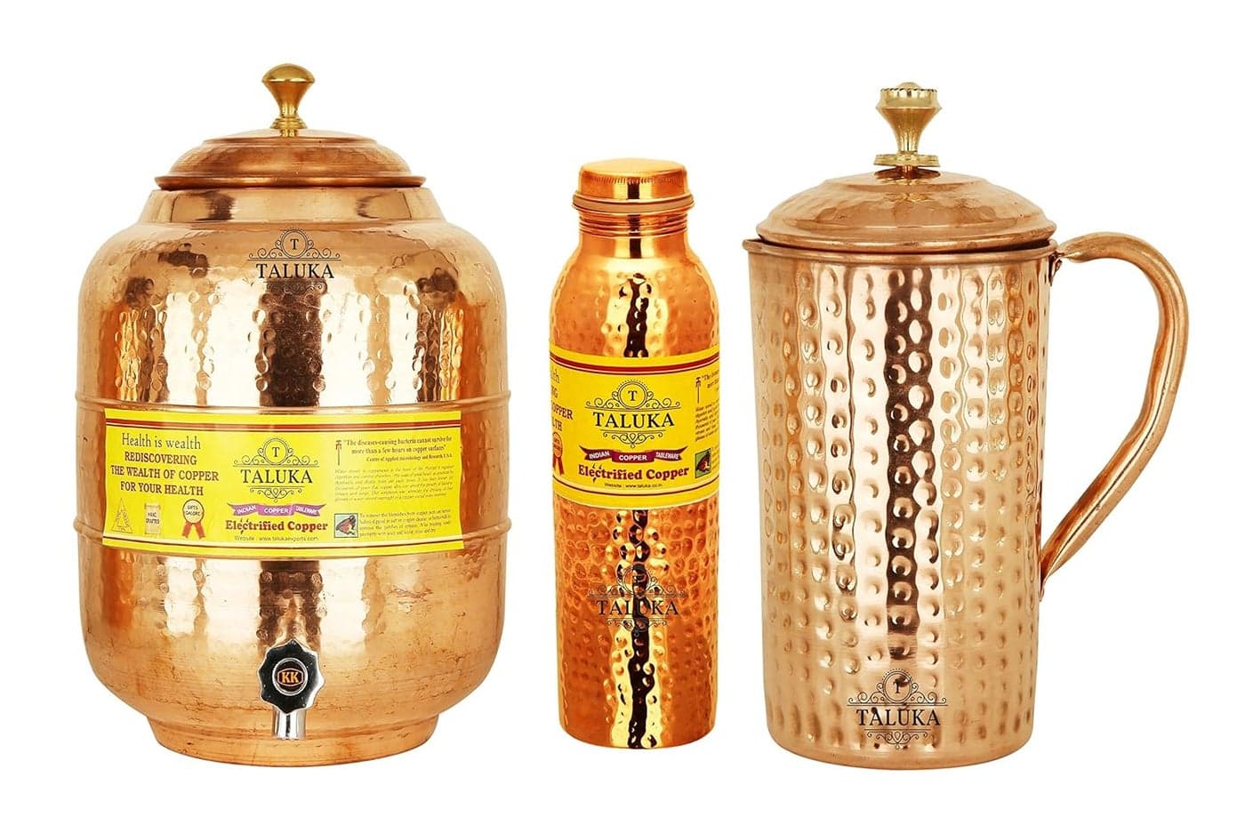 Taluka Copper Hammer Jug Pitcher Water Pot Tank Bottle Brown Pack of 3