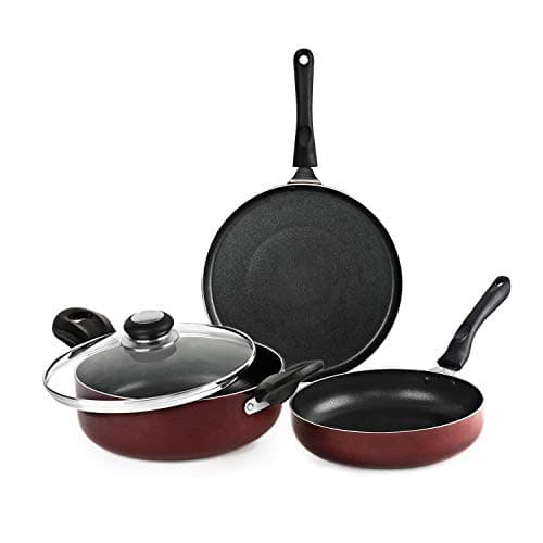 Cello Prima 3 pcs Non-Stick Aluminium Cookware Set, Cherry Red (28 cm Dosa Tawa, 22 cm Kadai with Glass Lid, 22 cm Fry Pan) | Induction Base, PFOA-Free, Sturdy Handles, Ideal for Gifting