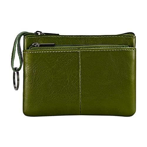 Army Green Genuine Leather Wallet,Mini Zip Change Purse Women,Key Wallet,Coin Purse Women,Small Wallet Coin Pouch,Leather Coin Pouch with KeyChain 3 Zippers.1 Piece
