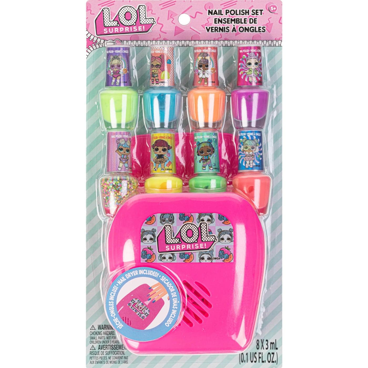 LOL Surprise 8 pc Non Toxic Nail Polish Set for Kids with Nail Dryer Peelable Nail Varnish Kit for Ages 3 by Townley Girl