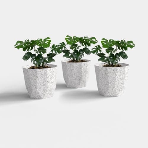 YUCCABE ITALIA SHERA Hexa Plastic Flower Pot with Drainage Holes Round Planter Pot Suitable for Indoor Outdoor Kitchen Garden (Marble White, 6 INCH - 3 Pcs)