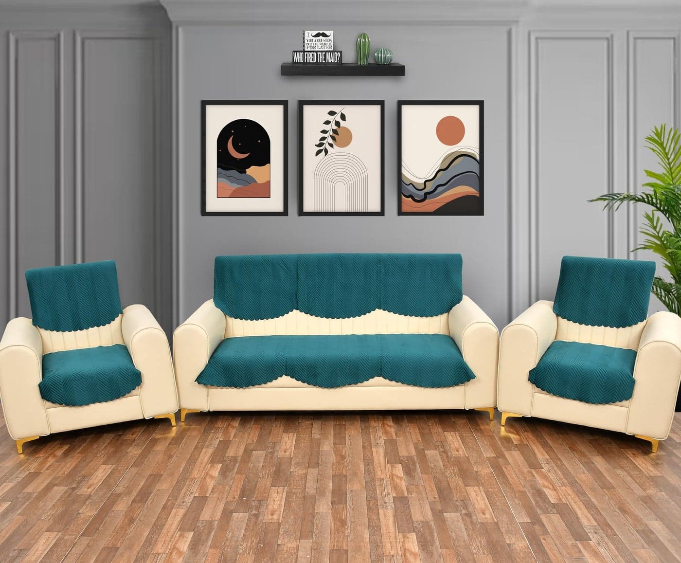 Yellow Weaves Velvet 5 Seater Quilted Sofa Cover And Chair Cover, Seat & Back Cover, Color - Teal Blue