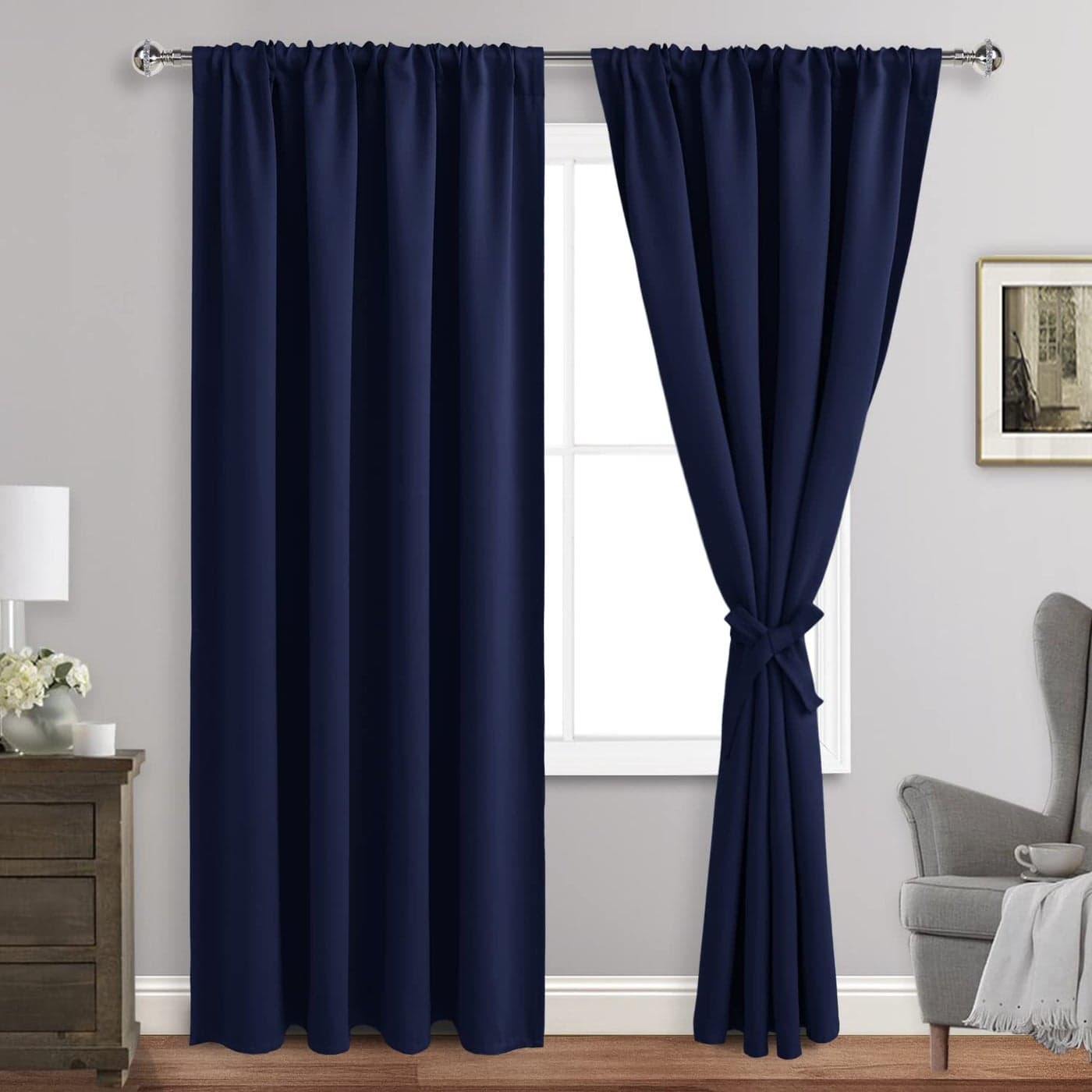 JIUZHEN Blackout Curtains for Bedroom Thermal Insulated Room Darkening Rod Pocket Curtains for Living Room Set of 2 Panels with Tiebacks 42 x 84 Inch Length Navy Blue