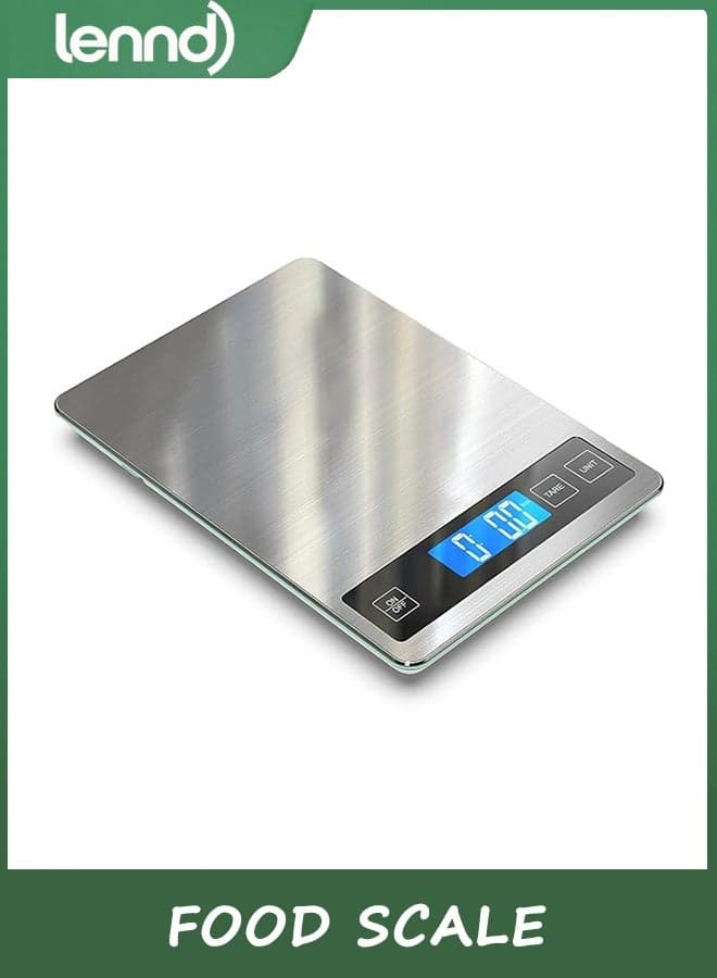 LENND Food Scale, 10kg Digital Kitchen Scale Weight Grams and oz for Cooking Baking, 1g/0.1oz Precise Graduation, Stainless Steel and Tempered Glass (Ash Silver)