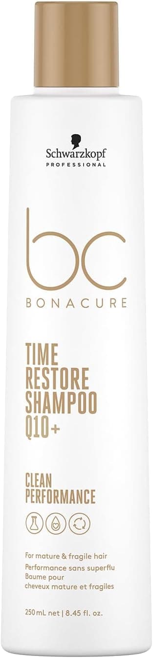 Schwarzkopf Professional Bonacure Time Restore Shampoo For Mature Fragile Hair Vegan Care Complex Q10 Erases Visible Signs Of Ageing Elasticity Resistance Vitality Cleansing Moisturizing 250 ml