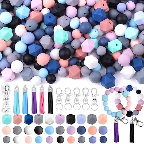 Vellibring 121 PCS Silicone Beads for Keychain Making Kit,12mm 15mm Round 14mm Polygonal Rubber Beads Multicolor Bulk Silicone Loose Beads for DIY Necklace Bracelet Jewelry Making Supplies