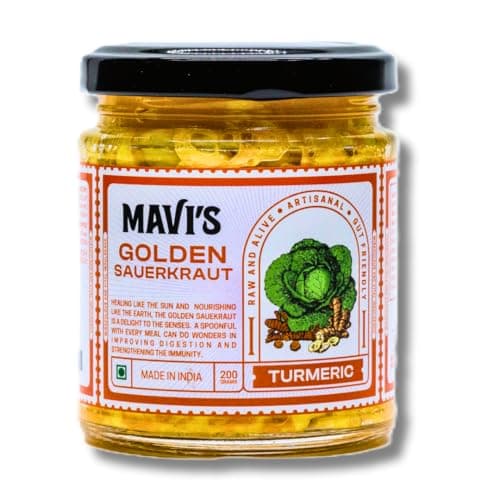 MAVI's Golden Sauerkraut| Spicy, Organic & Natural Cabbage & Fresh Turmeric | Gut friendly | 100% Natural & Vegan | No Preservatives | No Artificial Flavour or Colour | 200g (Pack of 1)