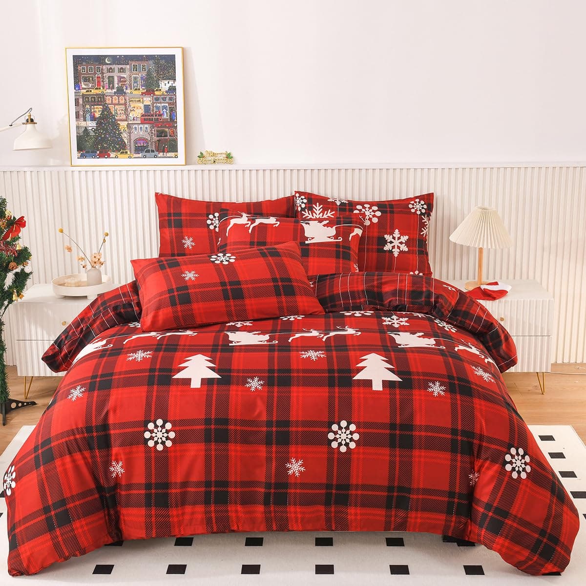 Mengersi Christmas Duvet Cover Set King SizeChristmas Tree Snowflake Duvet Cover Check Printed Christmas Plaid Duvet Cover Comforter Cover Set for New Year Holidy Xmas Gifts