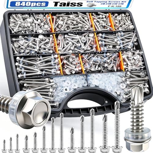 Taiss #14#12#10#8 Self Tapping Screws for Metal,410 Stainless Steel Metal High-Strength Quick Sheet Metal Screws,840PCS Hex Washer Head Self Drilling Screw with 420PCS Rubber Washer