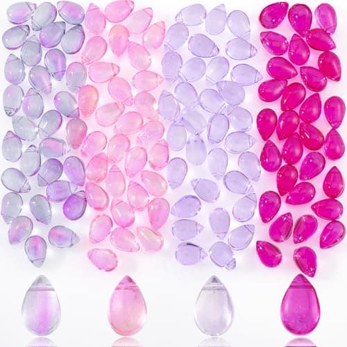 AHANDMAKER 120Pcs Teardrop Czech Glass Beads 4 Colors Transparent Crystal Beads with Glitter Gold Powder Water Drop Loose Pendants Beads for Valentines Day DIY Jewelry Making PinkPurple