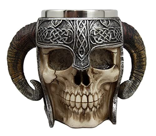 Ebros Gift Viking Ram Horned Pit Lord Warrior Skull With Battle Helmet Beer Stein Tankard Coffee Cup Mug 13oz Norse Mythology Folklore Odin Thor Loki Ragnarok Poetic Edda Decor
