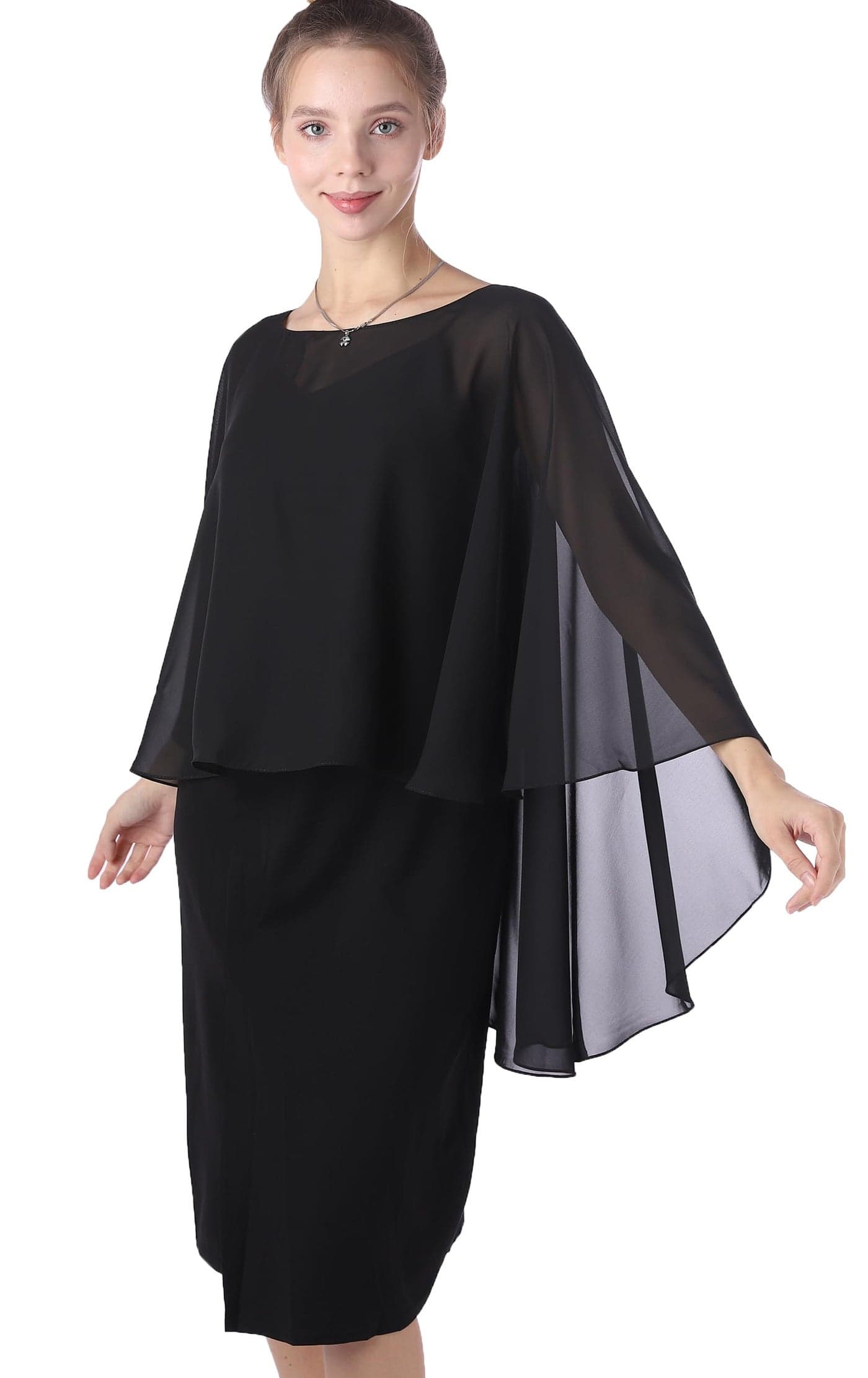 Baoqiya Chiffon Capes Sheer Capelets Bridal Shawls And Wraps Cape Long Plus Size Poncho Cape For Women (Black)
